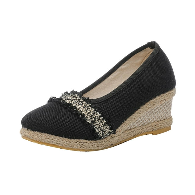 KIHOUT Sandales d'Été pour Femmes, Chaussures à Talons Hauts en Lin et Paille, Sandales Compensées Décontractées en Toile