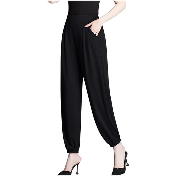 Pants for Women Trendy New Womens Plus Size Pants Casual High Waisted Pleated Pockets Jogger Baggy Pant Solid Color Comfy Trousers Black XXL