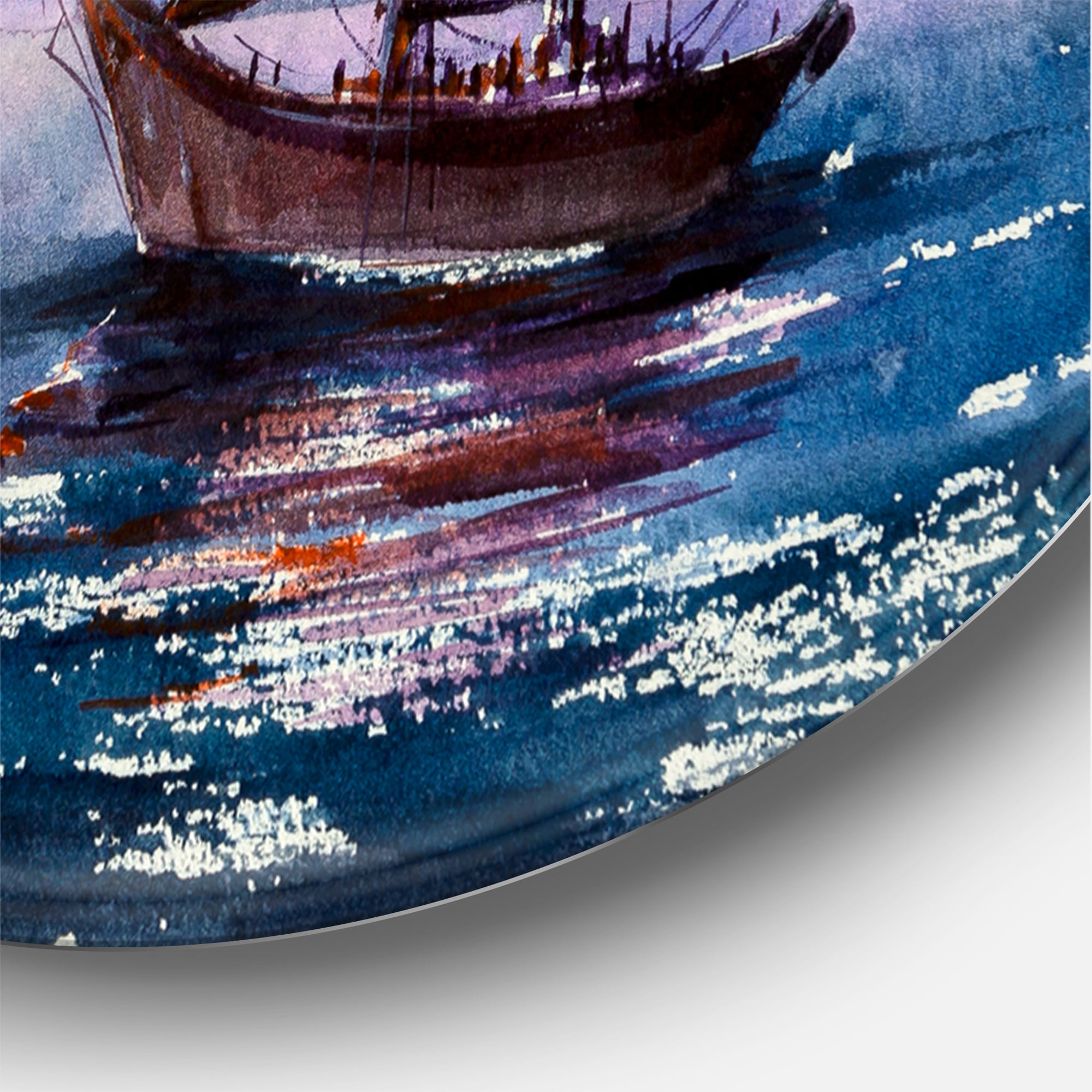 Designart 'Red Sails & Bright Night Sky With Wooden Sailboat' Nautical & Coastal Circle Metal Wall Art 29x29 - Disc of 29