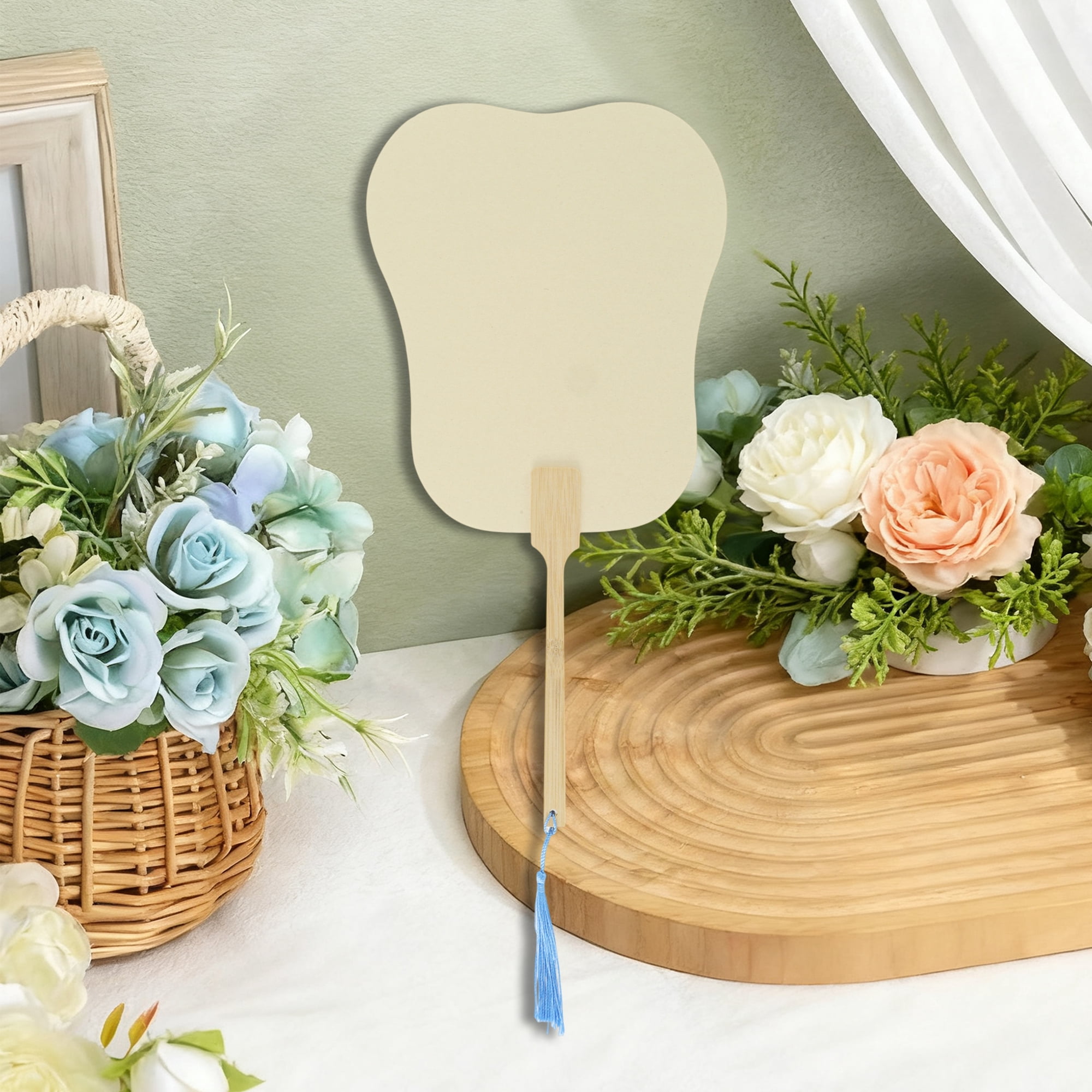 Unique Bargains Folding Fan 1 Pcs Beige Long Handle Round Palm-Leaf