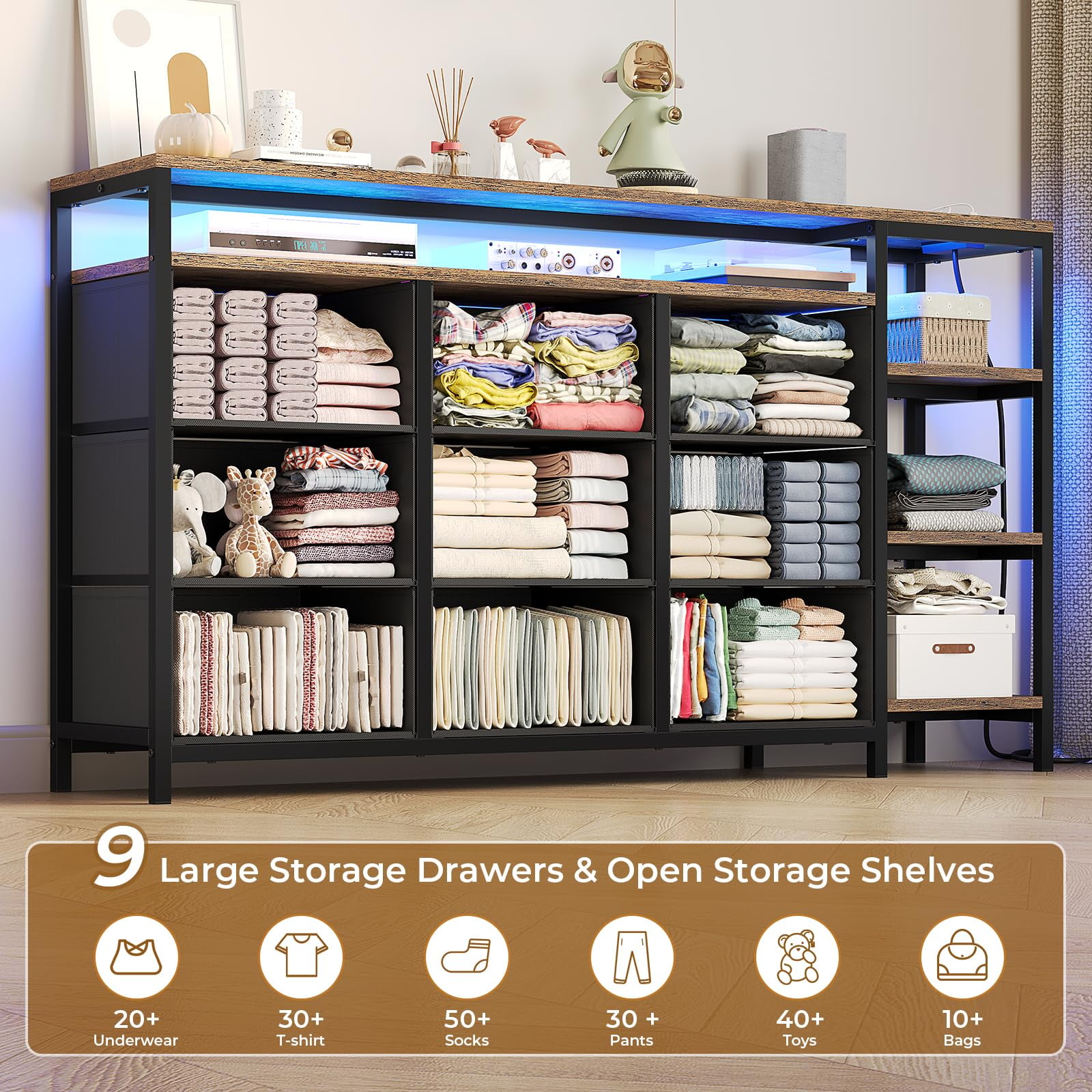Afuhokles 9 Drawers Dressers for Bedroom with LED Lights and Powers Outlets,TV Stand for 55, 60 Inch TV, Entertainment Center with Drawers and Open Shelves, Rustic Brown