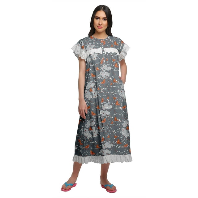 Moomaya Robe de Nuit en Coton à Bordure en Dentelle pour Femmes avec Boutons