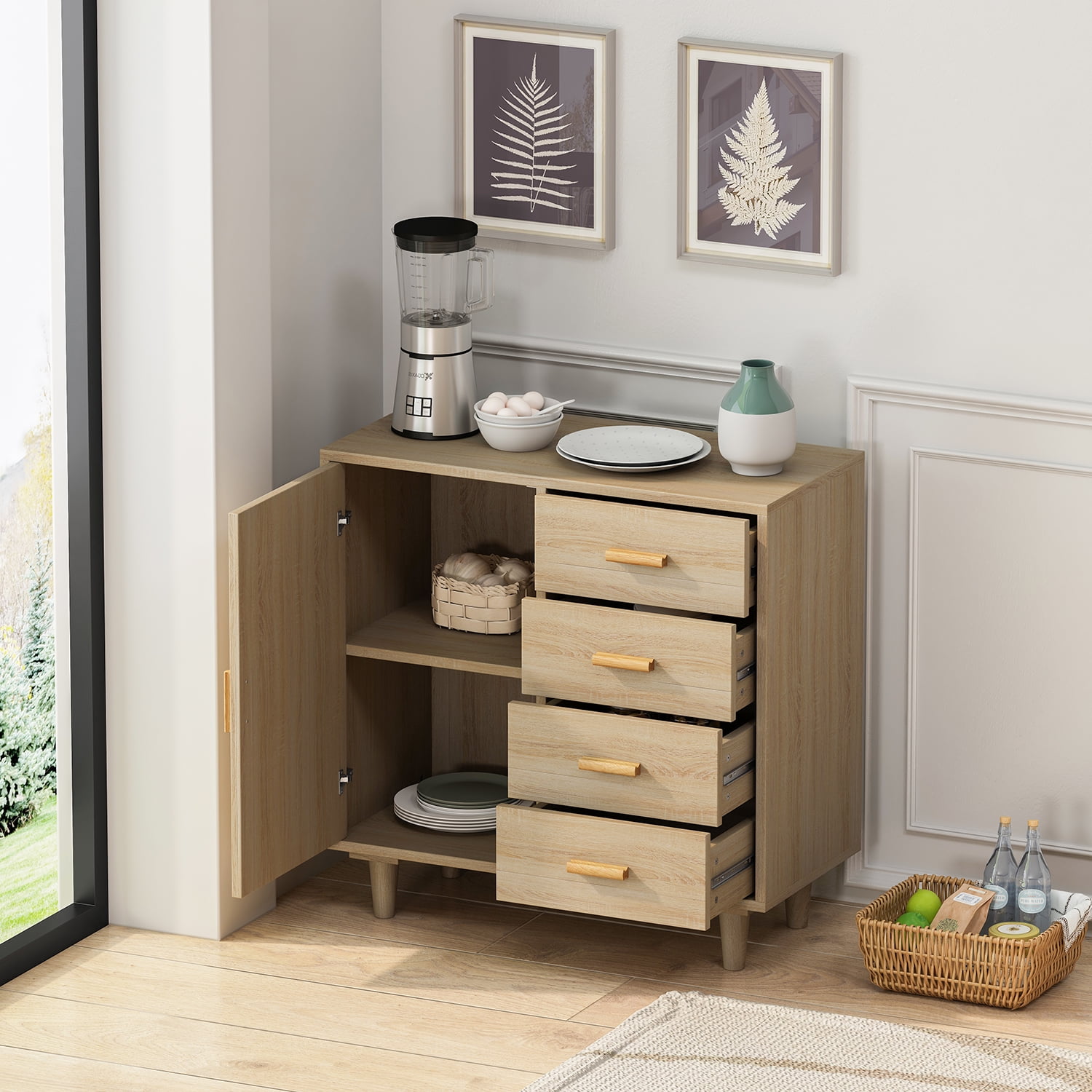 Kadyn 4 Drawers Rattan Cabinet, Modern Dresser with Rattan Door, Accent Storage Cabinet for Living Room, Natural