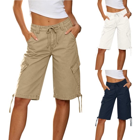 Sheghy Jean Shorts Cotton Women Solid Drawstring Button Zip Straight Knee-Length Denim Bermuda Shorts Khaki S