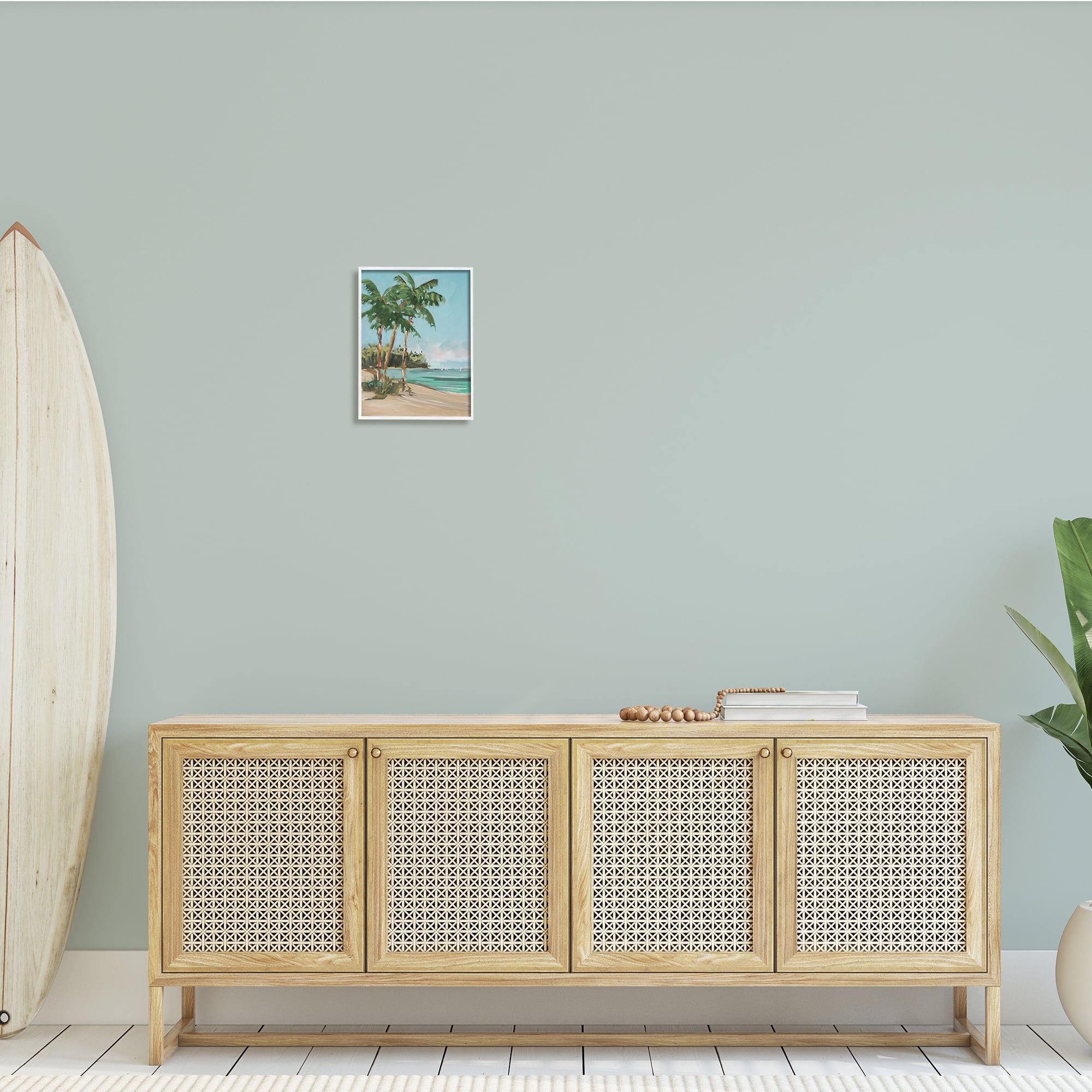 Stupell Indtries Contemporary Summer Palm Tree Coast Line Distant Boats,11 x 14,Design by Jane Slivka