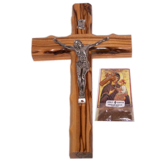 Holy Land Market Olive Wood Crucifix with Holy Earth - 8 inches