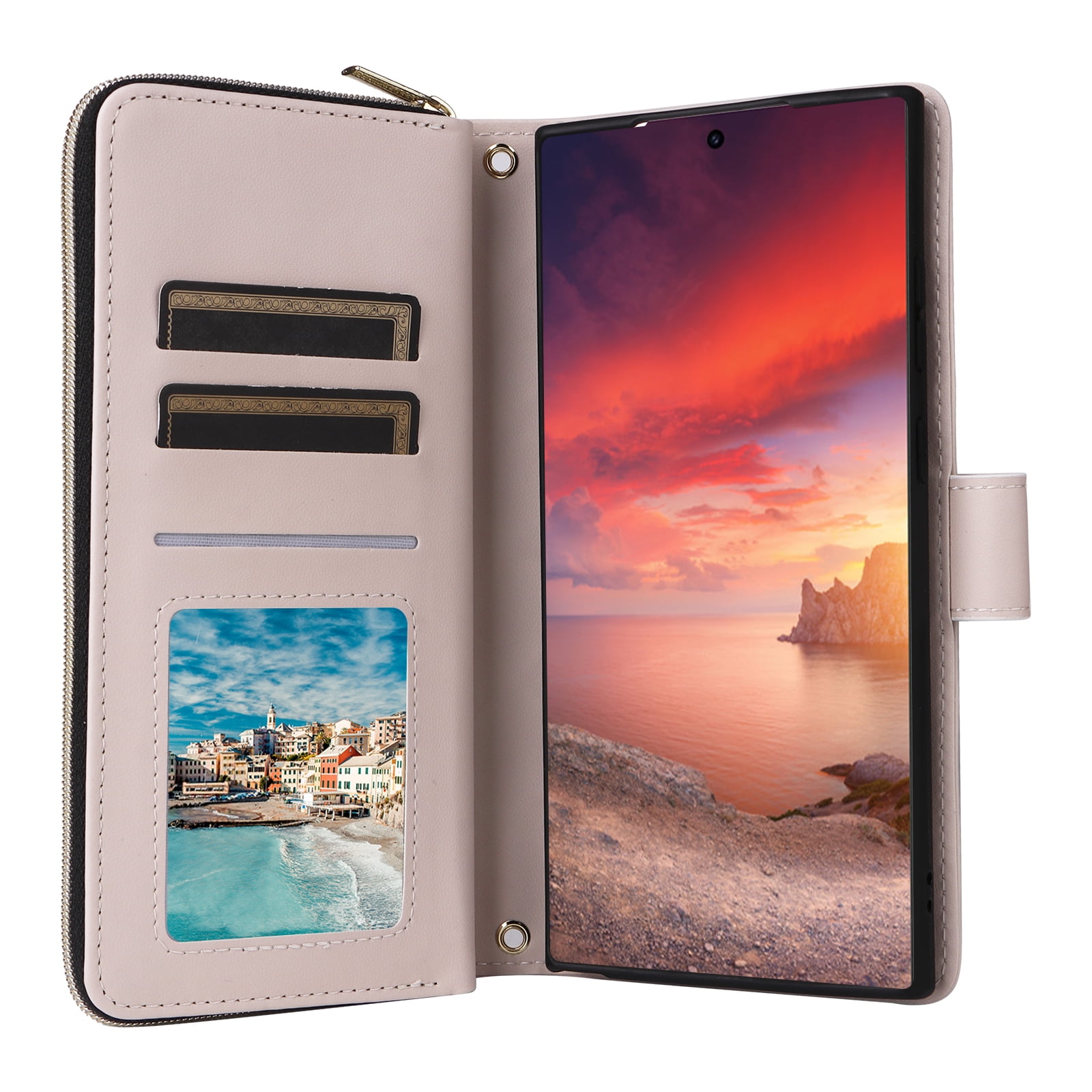 Compatible for Samsung Galaxy S24 Ultra Wallet Case, Crossbody Strap PU Leather Folio Phone Cover, Zipper Handbag Purse with Card Holder Lanyard Flip Stand for Samsung Galaxy S24 Ultra, Beige