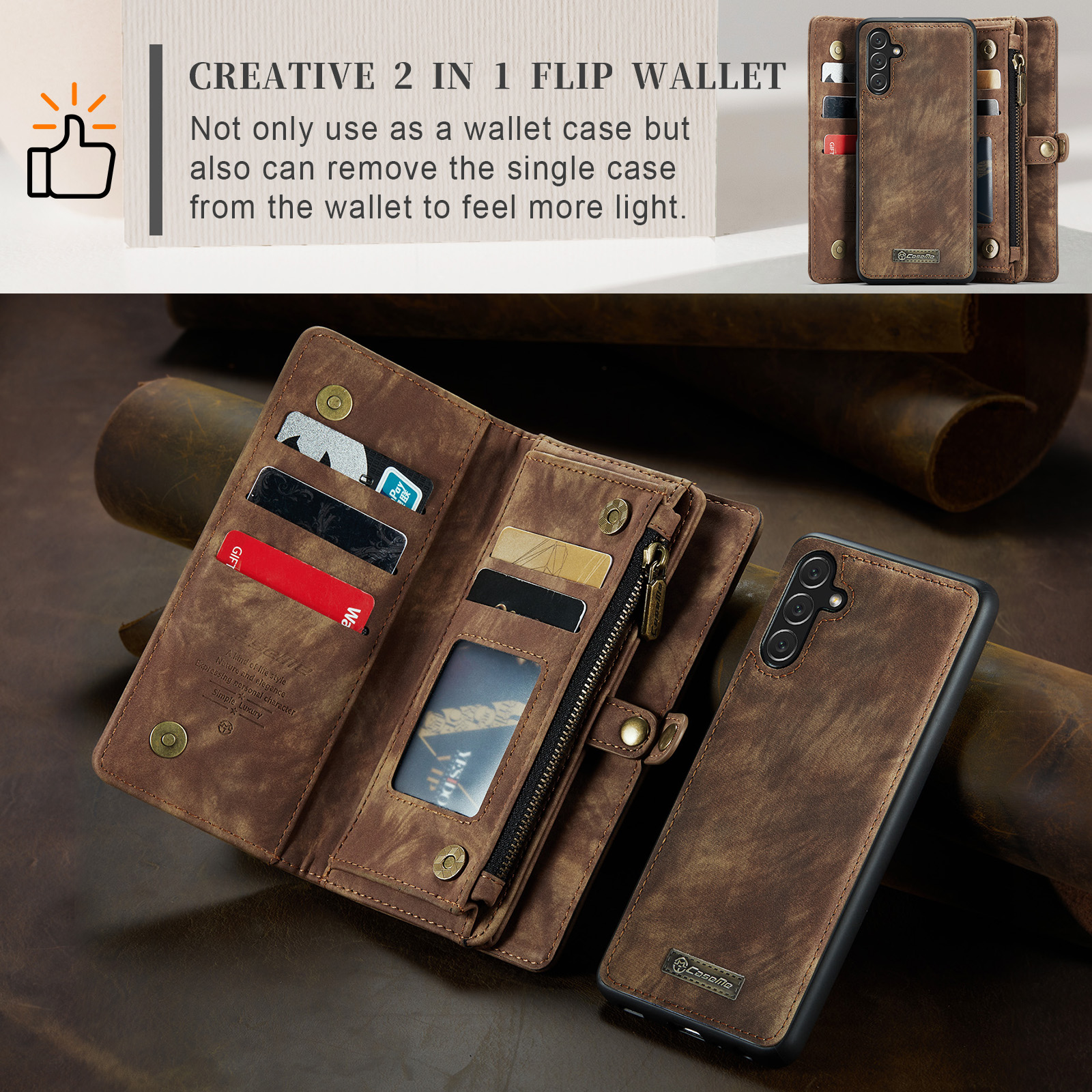 for Samsung Galaxy A16 5G/4G Premium PU Leather Folding Case, Multiple Card Slots Design, Wrist Strap Zipper Pocket Kickstand Magnetic Snap, Wireless Charging for Samsung Galaxy A16 5G/4G, Darkbrown