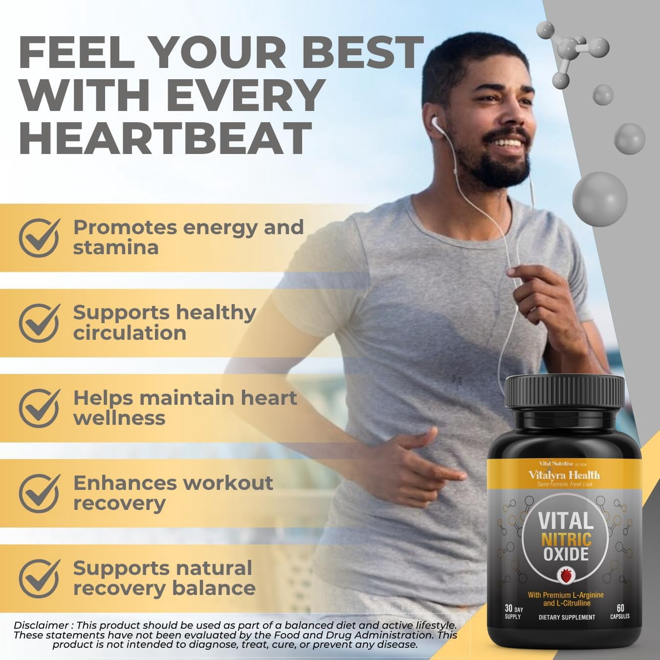 Vitalyra Nitric Oxide Supplement for Men with L-Arginine & L-Citrulline, Blood Flow Support, 60 Capsules