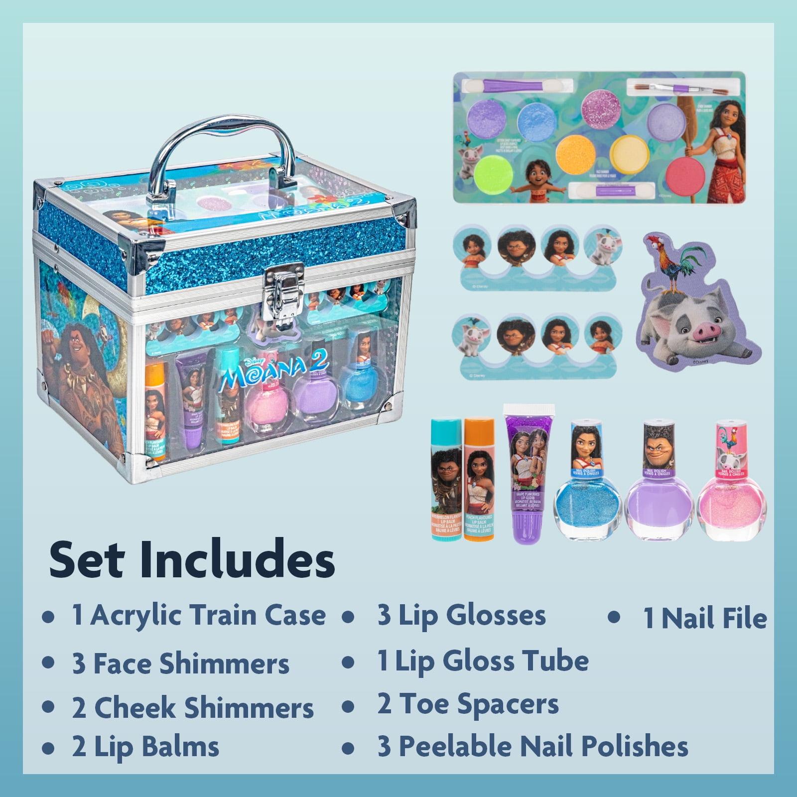 Moana 2 Kids Makeup Kit Train Case Beauty Set, Washable Play Makeup Set for Kids