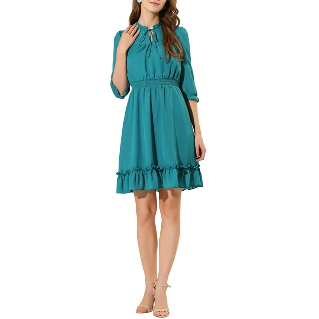 INSPIRE CHIC Women's Layered Ruffle Hem 3/4 Sleeves Smocked Chiffon A-Line Dress XS Lake Green