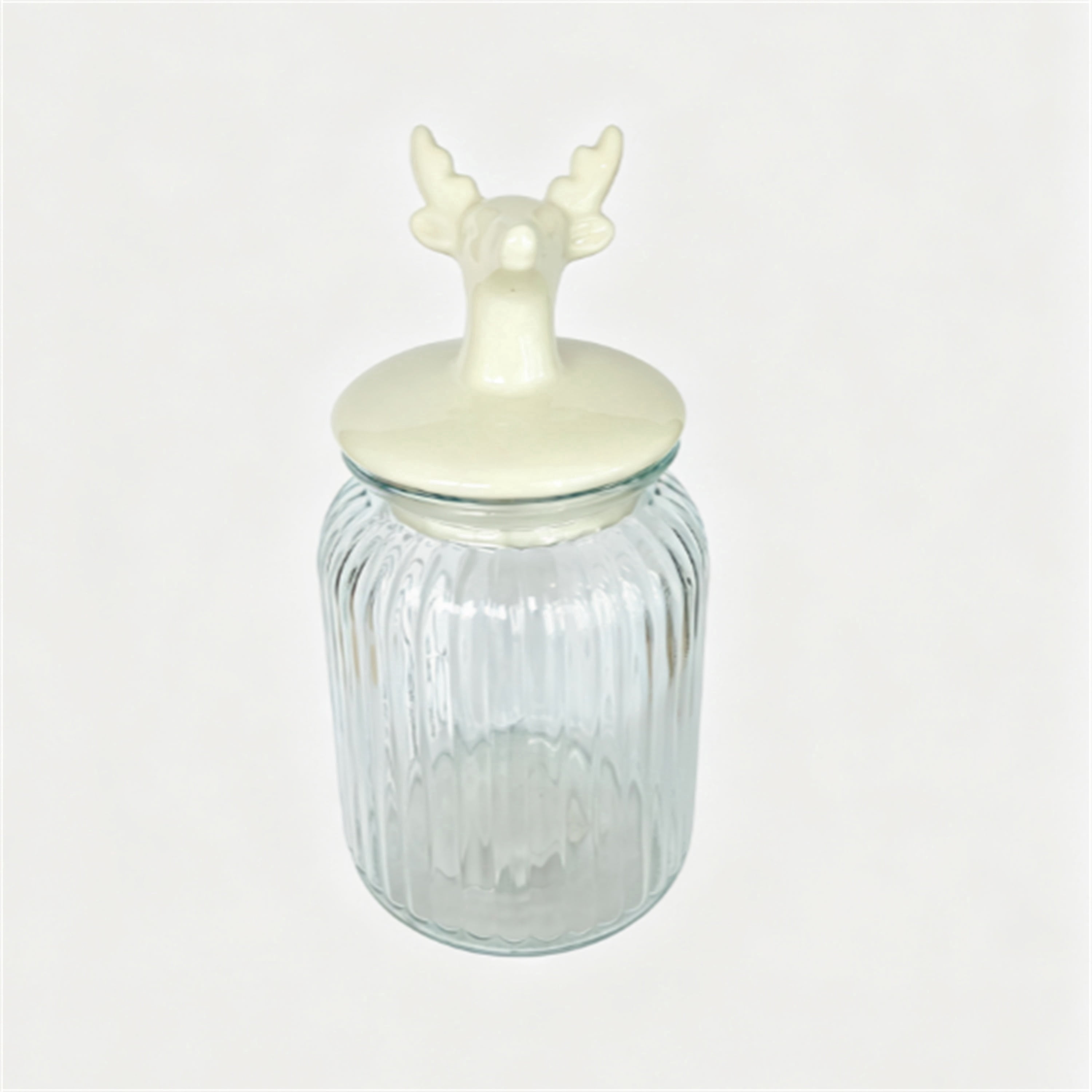 Glass Jar with Ceramic Deer Head Lid Christmas Decoration, Clear and White, 8.8", by Holiday Time