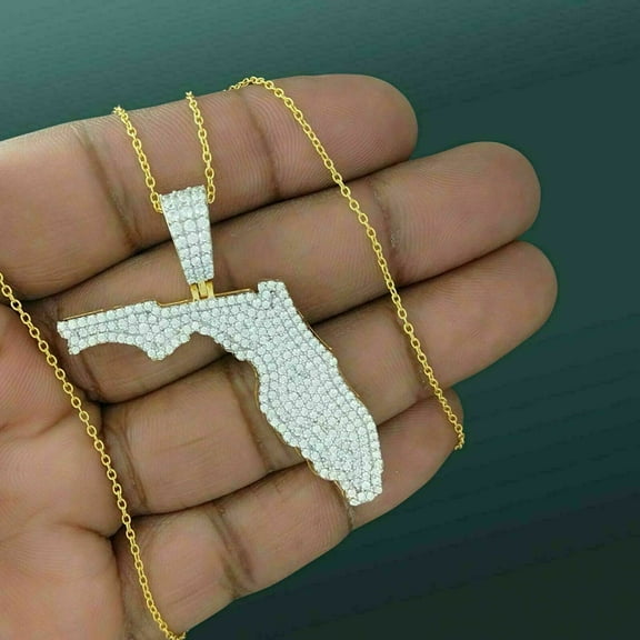 1.30 ct Round Cut Diamond Men's Florida Map Chain Pendant 14k Yellow Gold Finish