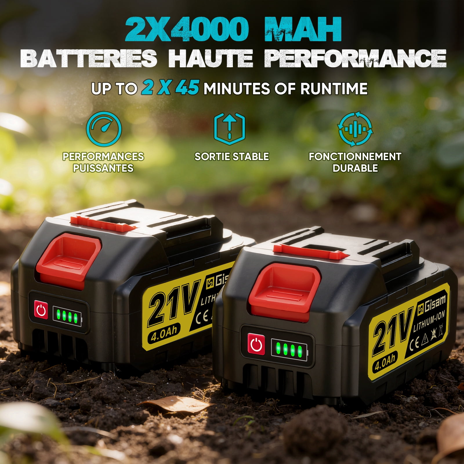 Gisam Cordless Tiller Cultivator, Electric Rototiller with 2x4.0Ah Battery and Charger, 9-inch Width 8.3-Inch Depth, Adjustable Foldable Handle, LED Power Display for Garden Soil Cultivation