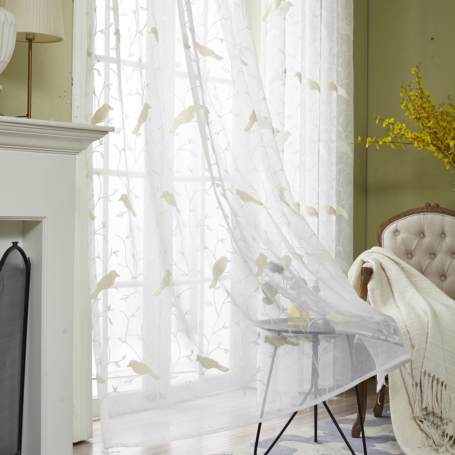VOGOL White Birds Embroidered Sheer Curtains, Window Curtain Sheer Voile Panels for Living Room Bedroom, 52x84, Set of 2, Rod Pocket