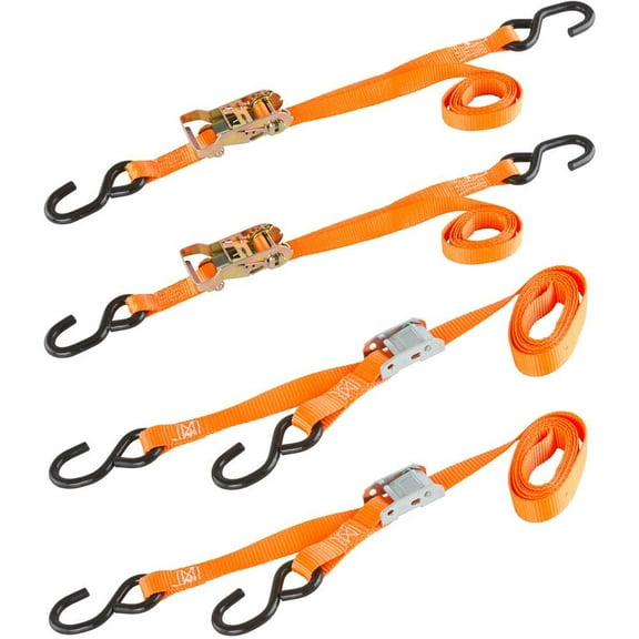 1in x 72in Orange Ratchet and Cam Buckle Tie-Down Straps (2-Ratchet, 2-Cam)