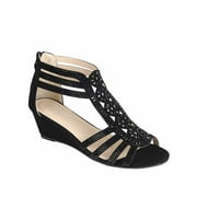 Daiso-28 Women Peep Toe Glittle Gladiator Low Wedge Heel Sandals Party Shoes ( Black, 7)