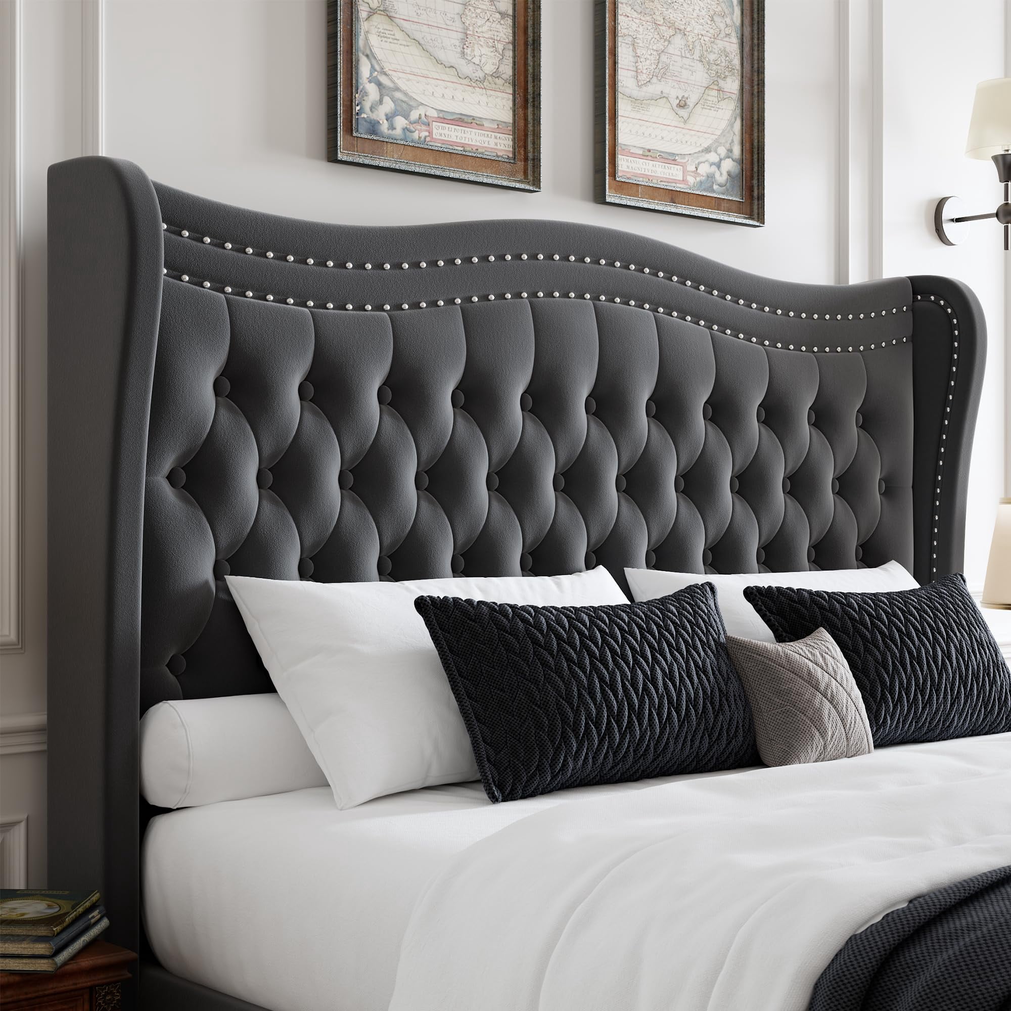 Miniyam Full Size Wingback Bed with 52" Velvet Upholstered Headboard, Nailhead Trim, Sturdy Wood Slats for Adults, Gray