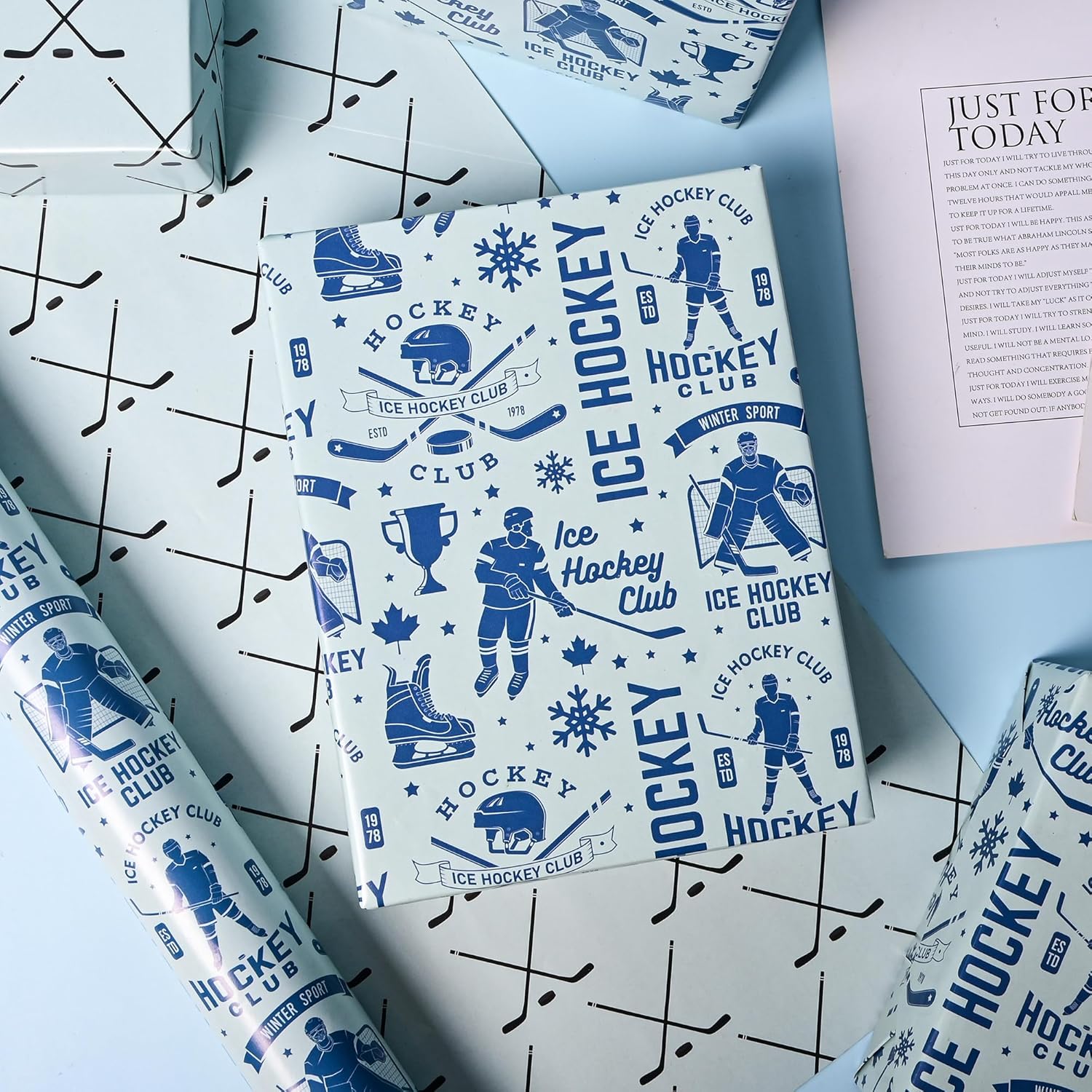 Reversible Ice Hockey Wrapping Paper Roll Blue Hockey Sports Gift Wrap Sheets for Girls Boys Men Women Birthday Holiday Party - Total 28.5sq.ft