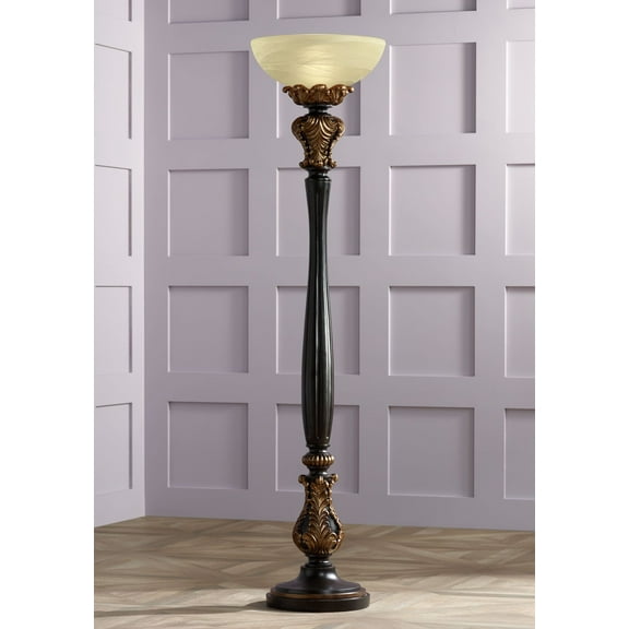 Barnes and Ivy Rita Vintage Rustic Torchiere Floor Lamp 75" Tall Acanthus Leaf Carved Wood Frosted Glass Shade for Living Room Bedroom Office House