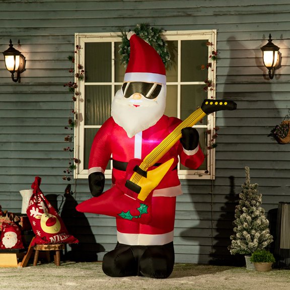 Outsunny 7ft Christmas Inflatables Outdoor Decorations Santa Claus Play Electric Guitar with Sunglasses, Blow-Up LED Yard Christmas Decor for Lawn Garden Party