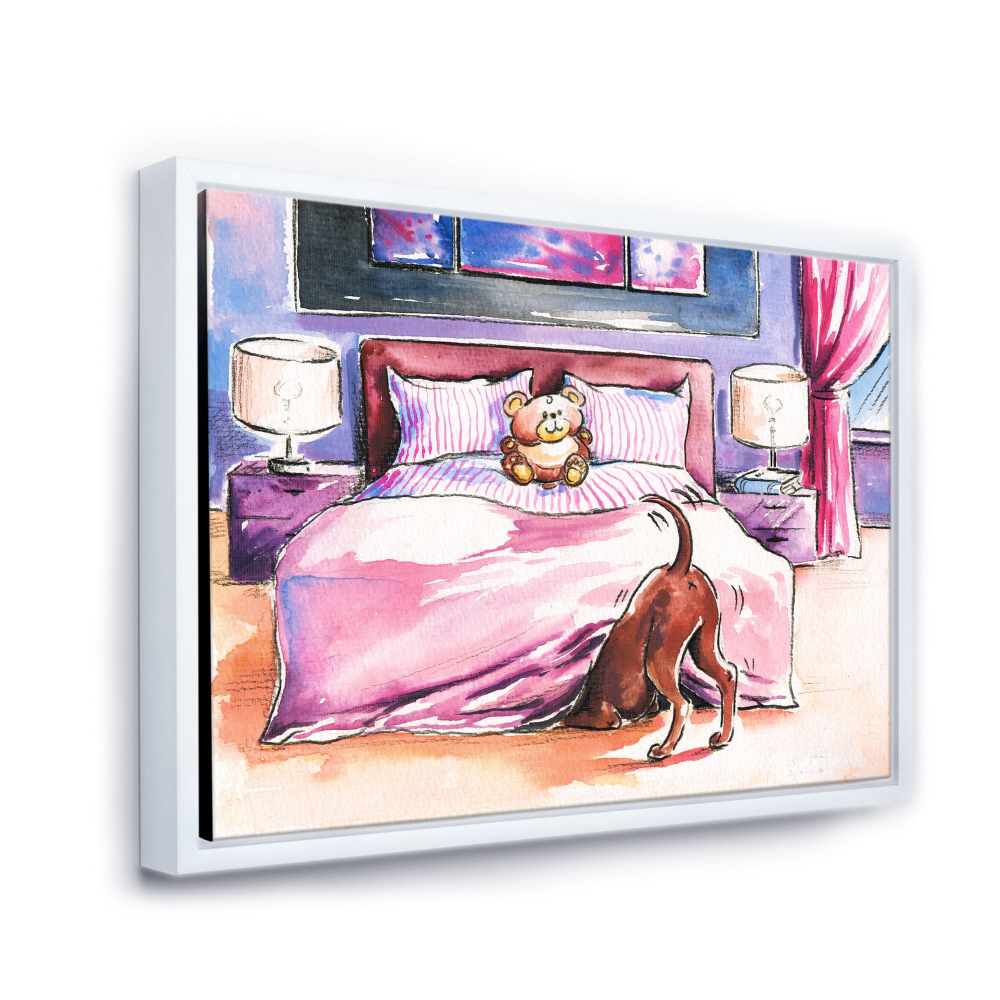 Designart 'Brown Dog Looking Under the Bed and Teddy Bear' Farmhouse Framed Canvas Wall Art Print