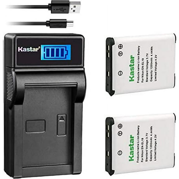 Kastar Battery   LCD USB Charger for Nik EN-EL19 Coolpix A100 S100 S3300 S3400 S3500 S3600 S3700 S4100 S4200 S4300 S4400 S5200 S5300 S6400 S6500 S6600 S6700 S6800 S6900 S7000 Sony NP-BJ1 DSC-RX0