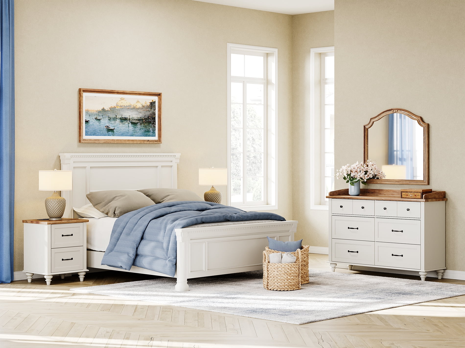 3 Piece Dresser and Nightstand Sets, Farmhouse Dresser with 6 Drawers, Set of 2 Night Stands with Charging Staion, 3 Piece Bedroom Set, Off White