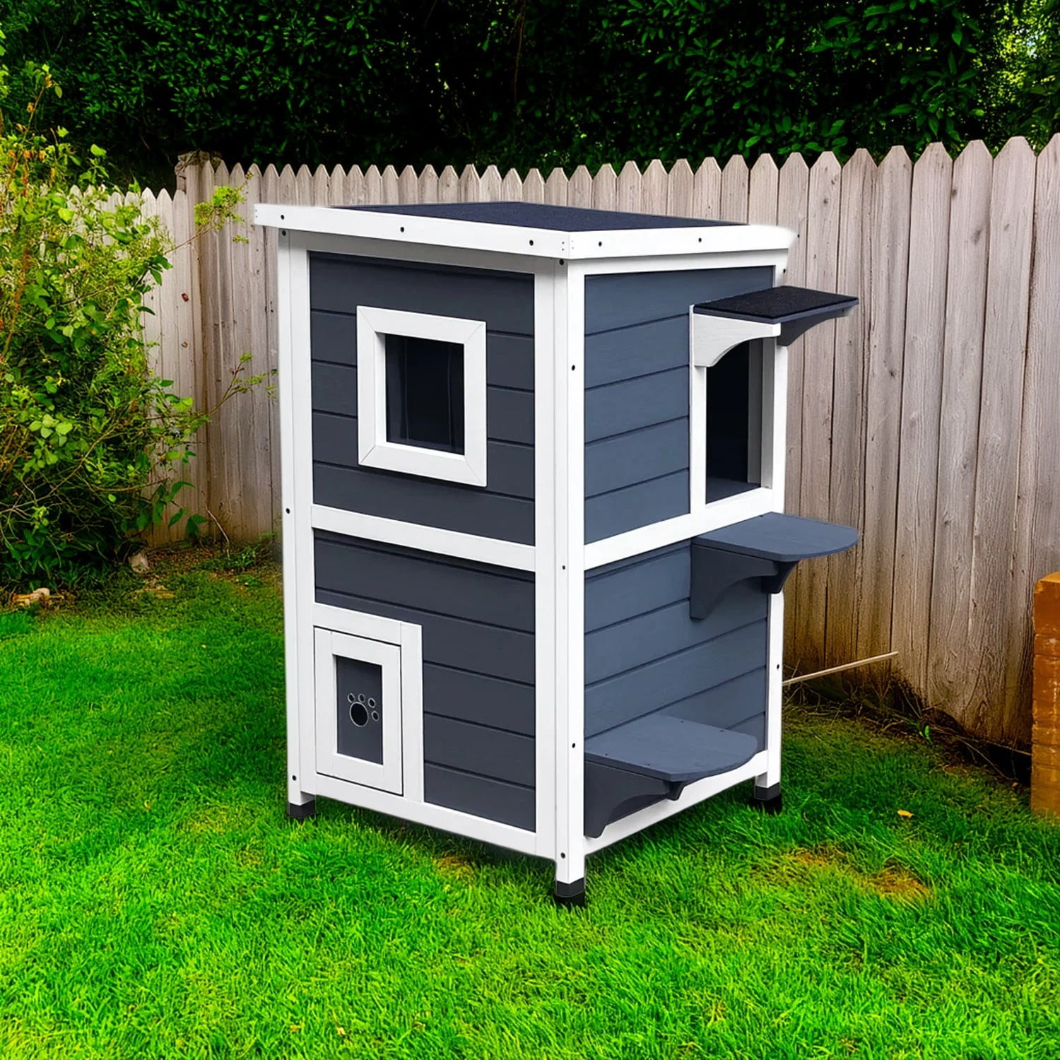 Pefilos 32" 2-Story Cat House for Outdoor Cats, Weatherproof Cat Shelter with Escape Door, Wood Cat Condo for 3 Adult Cats, Dark Gray