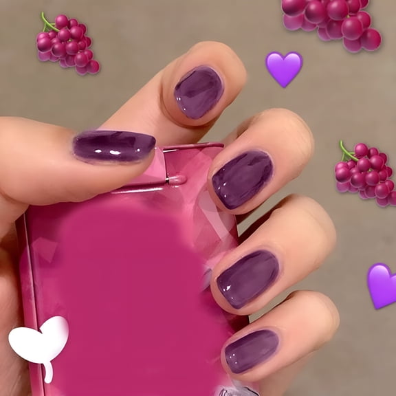 RAGUPEL 24Pcs Purple Fake Nails Short Round Head Sweet Style Press On Nails Wearable Finished Nail Piece with Glue