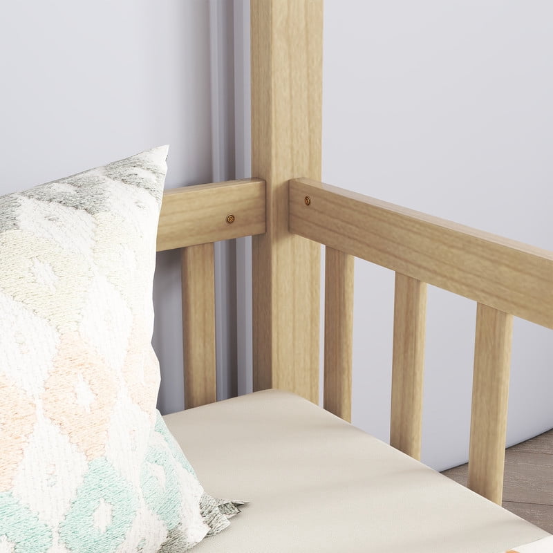 Mirightone Double Twin Bed Frames for , Twin House Bed for 2，Wood Montessori Floor Beds Frame with Fence Railings,（Natural）