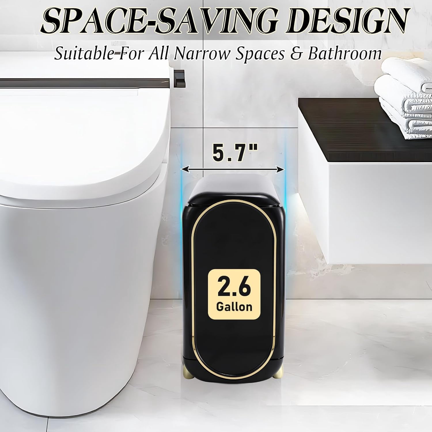 Black Bathroom Accessories 9 Piece Black and Gold Bathroom Set with Slim Trash Can,Soap Dispenser,Toilet Brush,Toothbrush Set, Qtip Holders for Housewarming