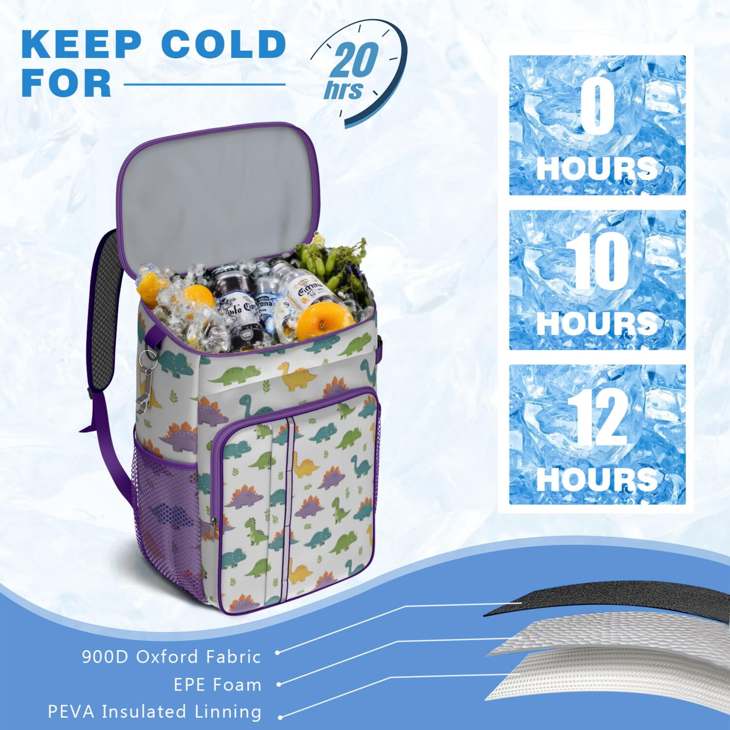 Travel Cooler Bag - White Cartoon Dinosaurs Leaves Pattern Camping Beer Cooler Backpack with Bottle Opener- Waterproof Insulated Picnic Backpacks - Cooler Bag for Beach