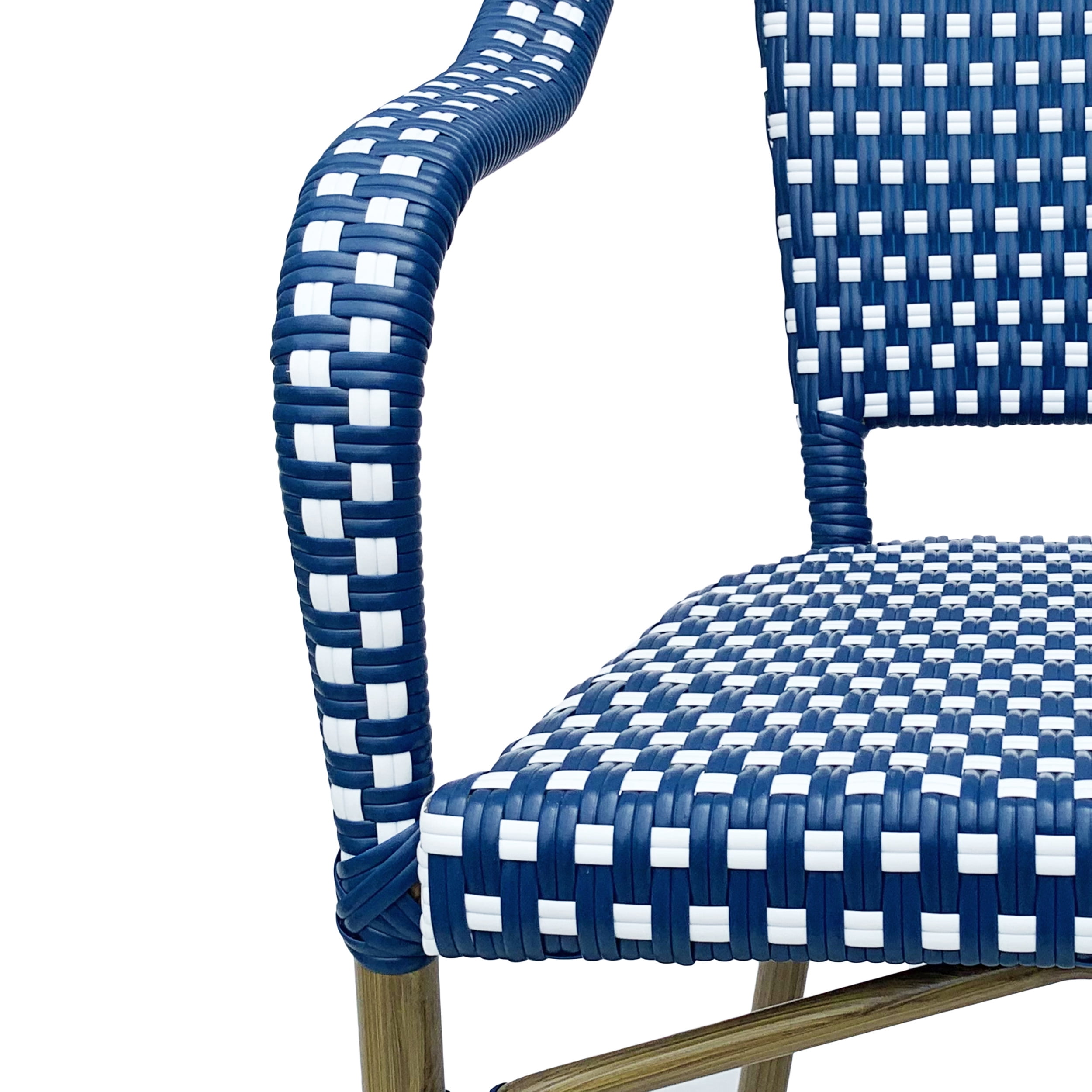 Baton Aluminum and Wicker Outdoor French Bistro Chairs, Set of 4, Navy Blue, White, and Wood Print