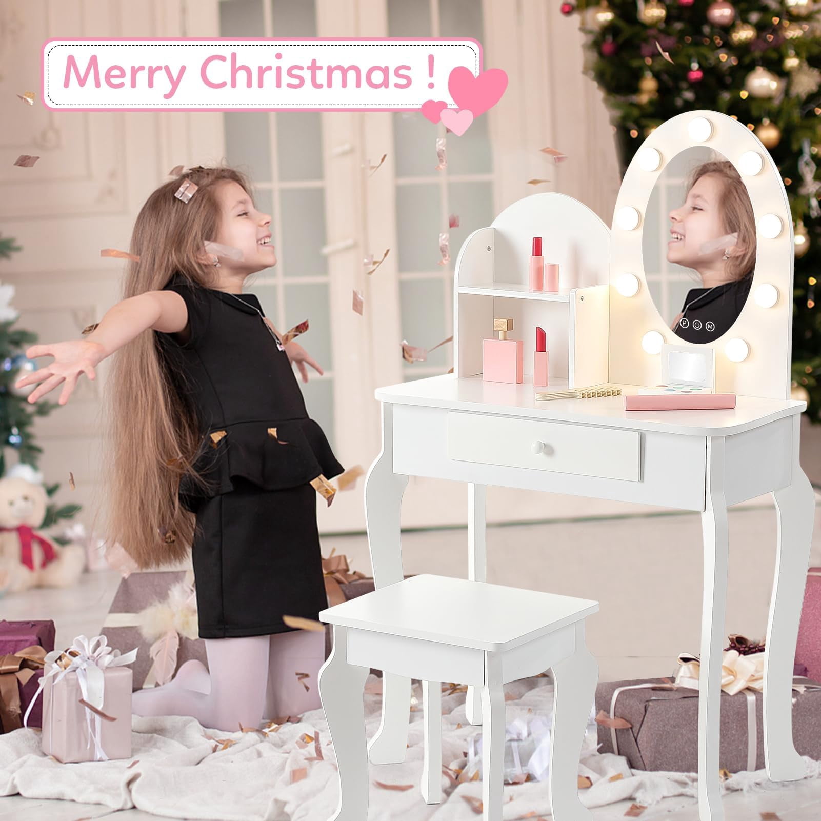 Kids Vanity Desk with Mirror Lights – Princess Makeup Dressing Table for Girls with Storage & Stool