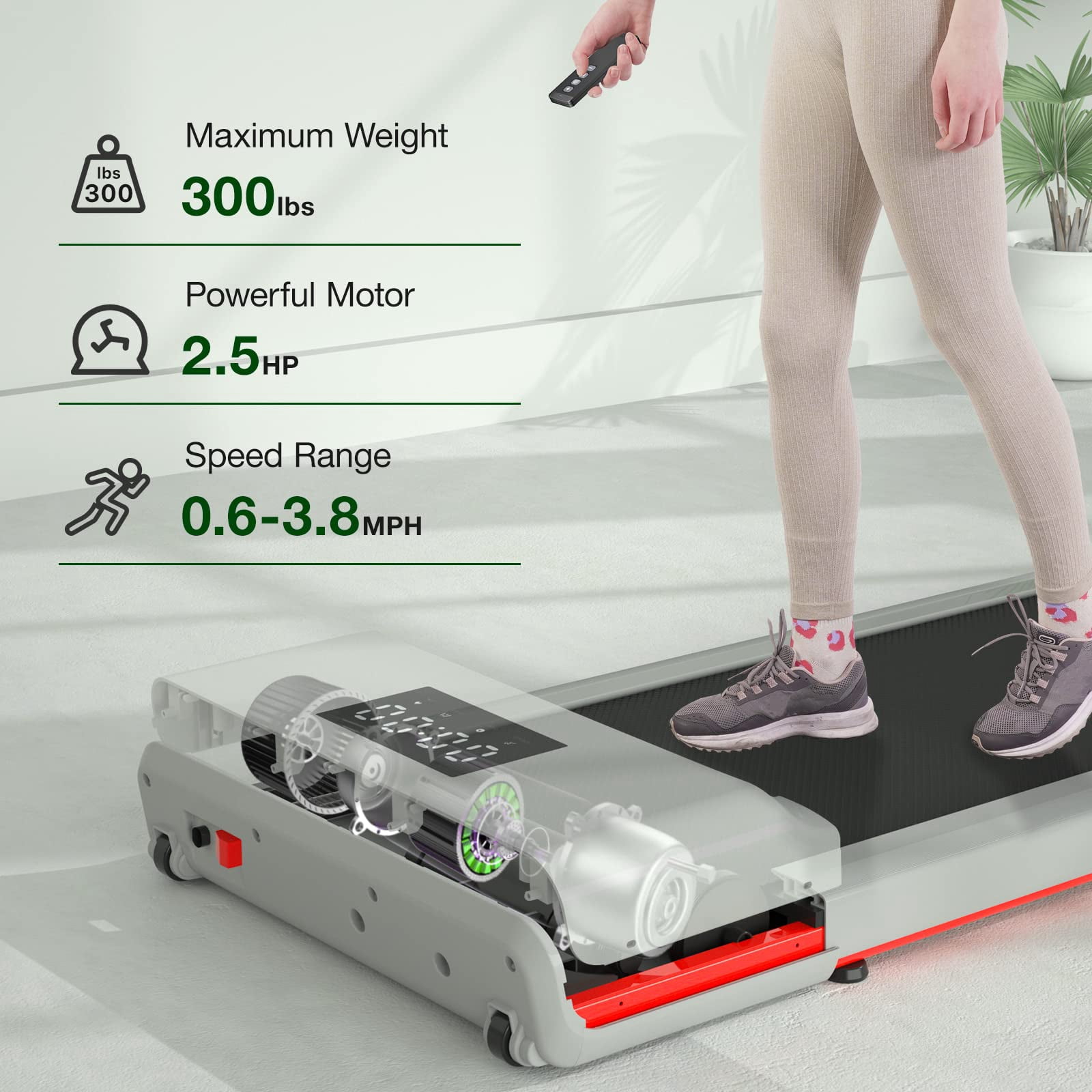 SSPHPPLIE Walking Pad 300lb,Under Desk Treadmillwith Remote Control ,2 in 1 Portable Walking Pad Treadmill for Home/Office/Exercise/Fitness Workout(White)