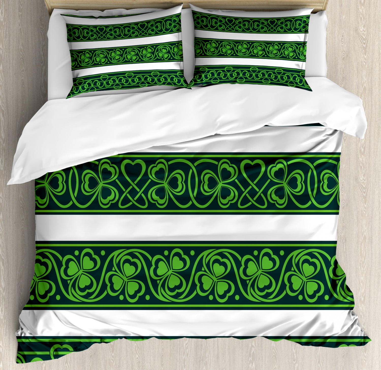 Irish Duvet Cover Set, Shamrock Borders Gaelic Nature Botany Theme
