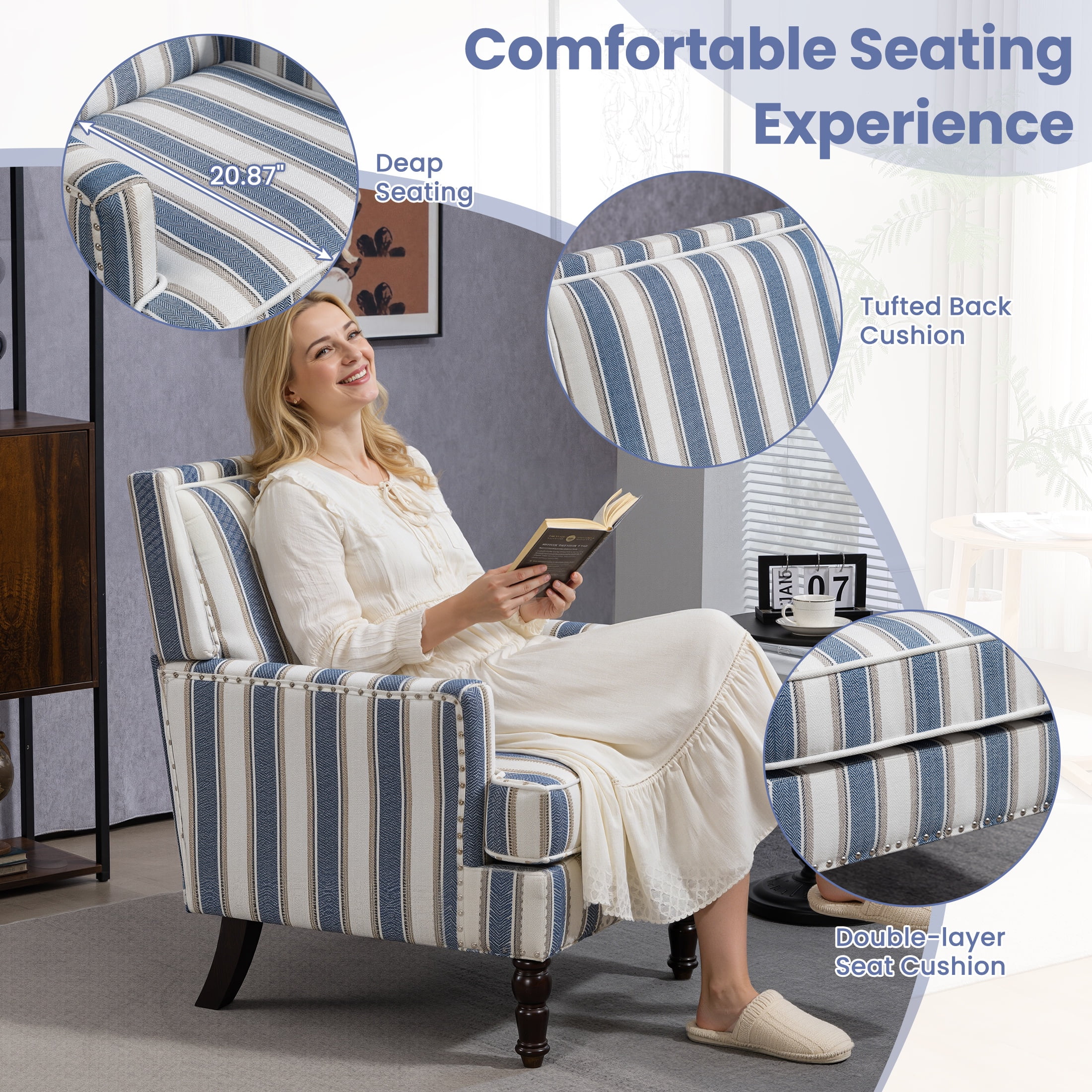 LEGAHOME Vintage Accent Chair, Upholstered Armchair with Nailhead Trim, Linen Fabric Arm Chair Comfort Reading Chair Lounge Chair for Living Room Bedroom Sunroom, Blue(1PC)