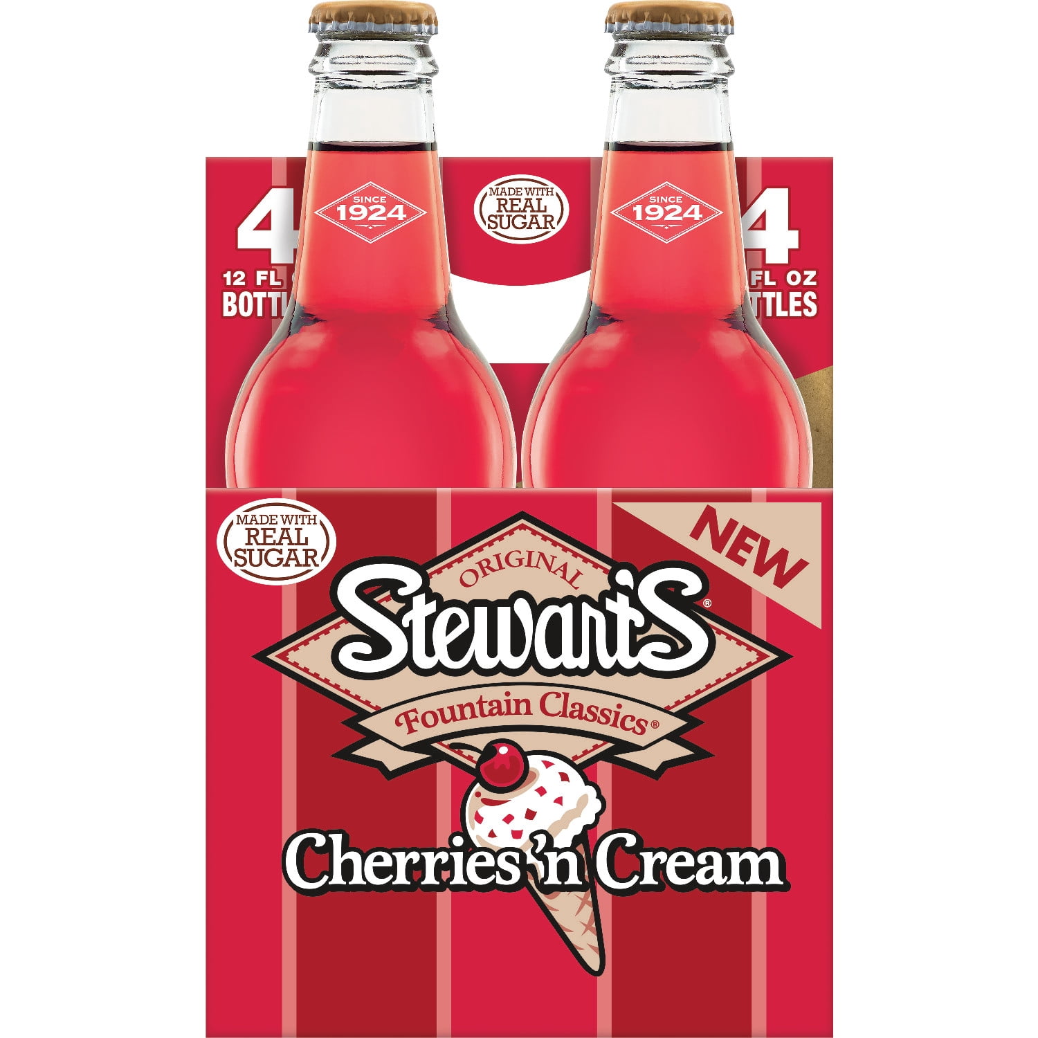 (3 pack) Stewart's Cherries 'n Cream Made with Sugar, 12 fl oz glass bottles, 4 pack