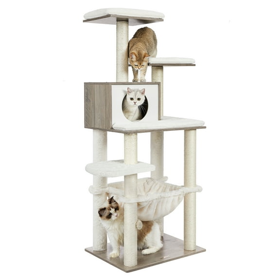 Feandrea WoodyWonders Cat Tree, Modern Pet Tower for Indoor Cats, 54.3-inch Multi-Level Cat Condo, Ultra-Soft Plush, Scratching Posts, Hammock, Removable, Washable Cushions, Heather Greige