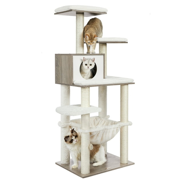 Feandrea WoodyWonders Cat Tree, a 54.3-inch multi-level cat condo in heather greige, featuring ultra-soft 500 g/m² plush cushions, a hammock, and multiple scratching posts. Designed for up to 4 cats, it includes a cave, two perches, and a sturdy base with anti-slip pads and an anti-tip kit for safety. The removable, washable cushions and scratch-resistant particleboard ensure durability and easy maintenance.