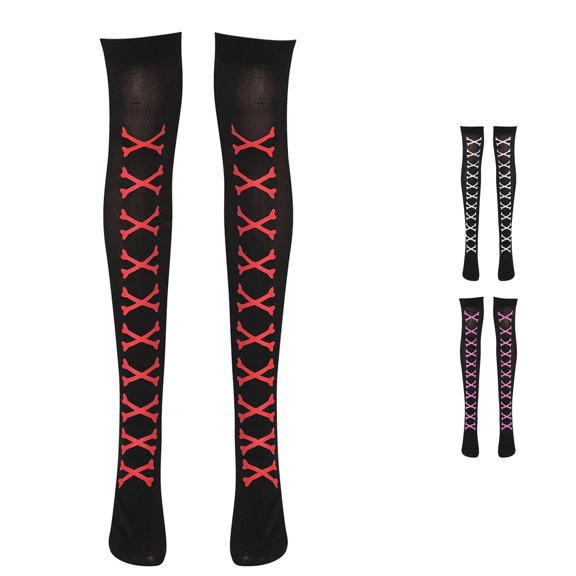 Xijirk Lace Up Print Thigh High Stockings Crisscross Pattern Gothic Over Knee Socks Halloween Cosplay Hosiery Red,One Size