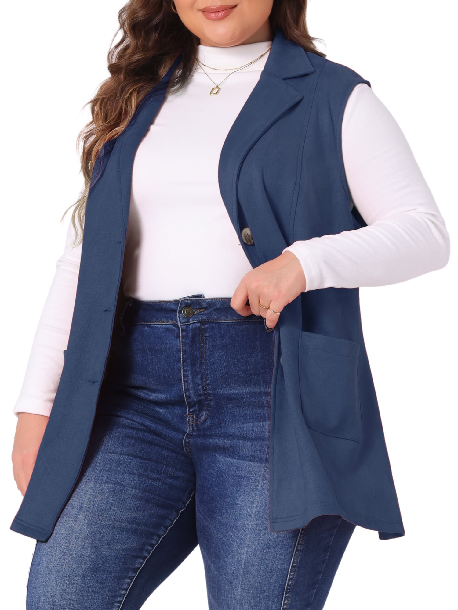 DARING DIVA Women's Plus Size Lapel Sleeveless Lightweight Suede Vests 3X Dark Blue