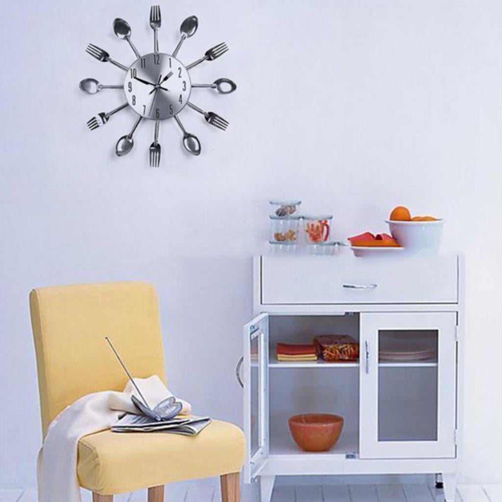 Wall Clock Metal Kitchen Cutlery Utensil Creative Home Decor Wall - Black