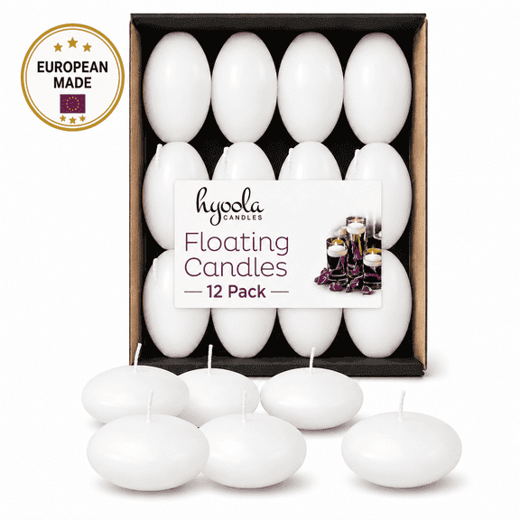 Hyoola 3" White Floating Candles, 12 Pack, 8 Hour Burn Time, Unscented & Smokeless, European Made with Cotton Wicks for Wedding Centerpieces, Vase Fillers, Events, Parties & Home Decor