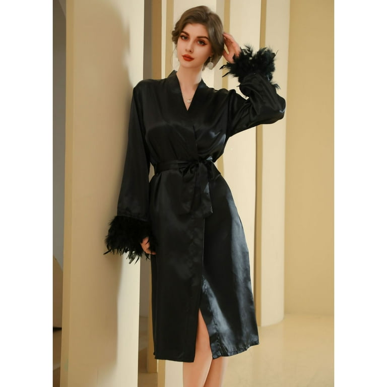 Women's Satin Robe Luxury Bridal Party Comfy V Neck Bathrobe Faux Leather  Kimono Robe Summer Long Sleeve Lightweight Bridesmaid Black Large -  Walmart.com
