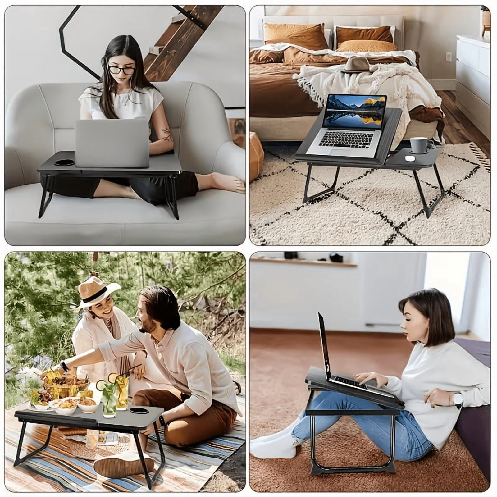 Laptop Bed Table with Foldable Legs, Cup Holder and Tablet Slot, Sofa Floor Tray, Black