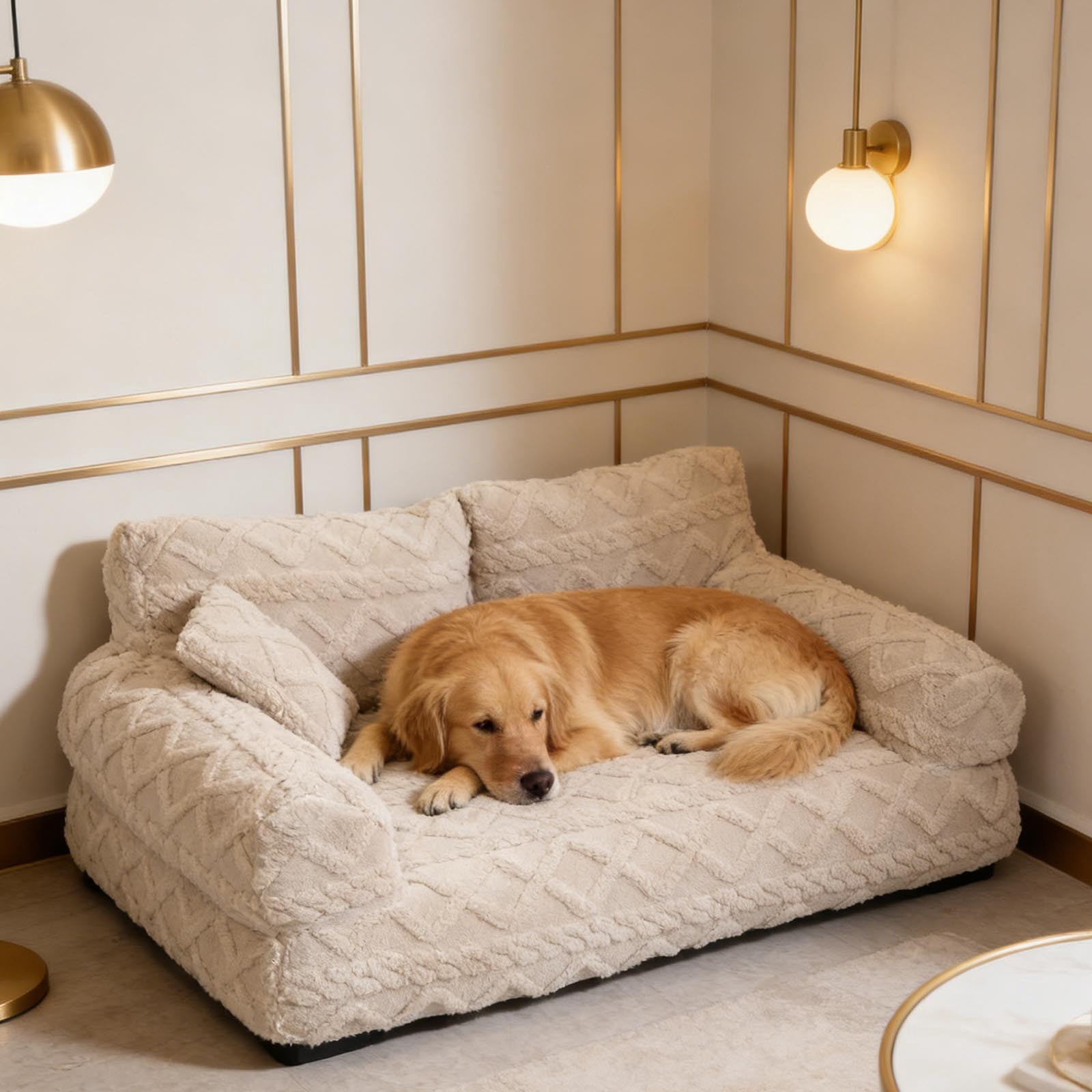 Orthopedic Pet Sofa Bed Removable Washable Plush Cushion Supportive Calming Sleeping Couch for Small Medium Dog Cat Indoor Rest White - XL