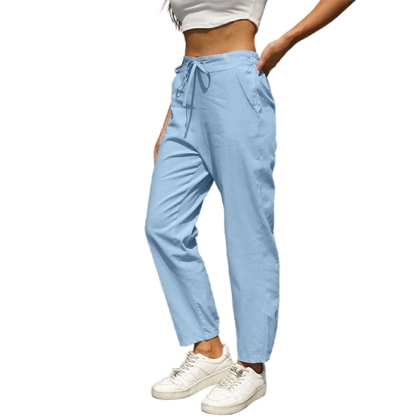 Pantalones informales de lino lisos para mujer con cintura elástica y cordón