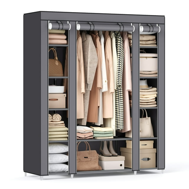 SONGMICS Closet Wardrobe, Portable Closet, Clothes Rail, Clothes Storage Organizer in gray. This portable wardrobe includes 12 shelves and a movable hanging rail for organizing clothes, coats, and accessories. Constructed with 120 g/m² non-woven fabric, metal tubes, and PP plastic connectors, it supports up to 33 lb on the rail and 11 lb per shelf. The fabric cover zips closed to protect items from dust or rolls up for easy access. Dimensions: 59 inches long, 17.7 inches wide, and 69 inches high.